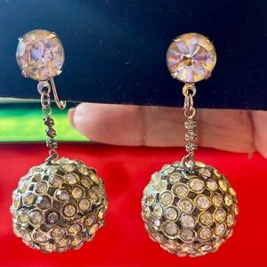 Vintage rhinestone dangle drop ball earrings. Clip on. Statement piece. Glam.